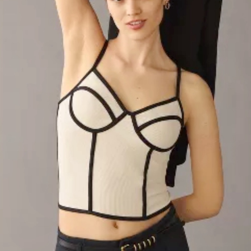 ANTHROPOLOGIE Blue Tassel ribbed knit corset exposed seam contrast tank top.